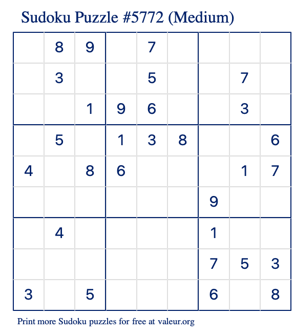 Free Printable Medium Sudoku Puzzle number 5772