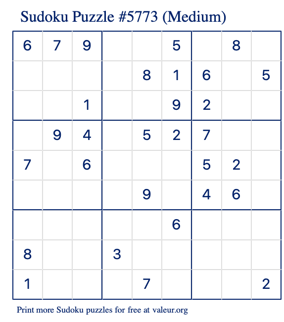 Free Printable Medium Sudoku Puzzle number 5773