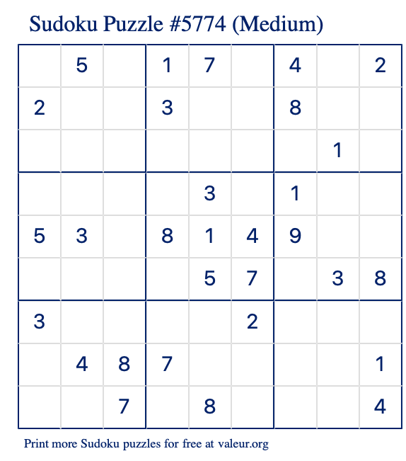 Free Printable Medium Sudoku Puzzle number 5774