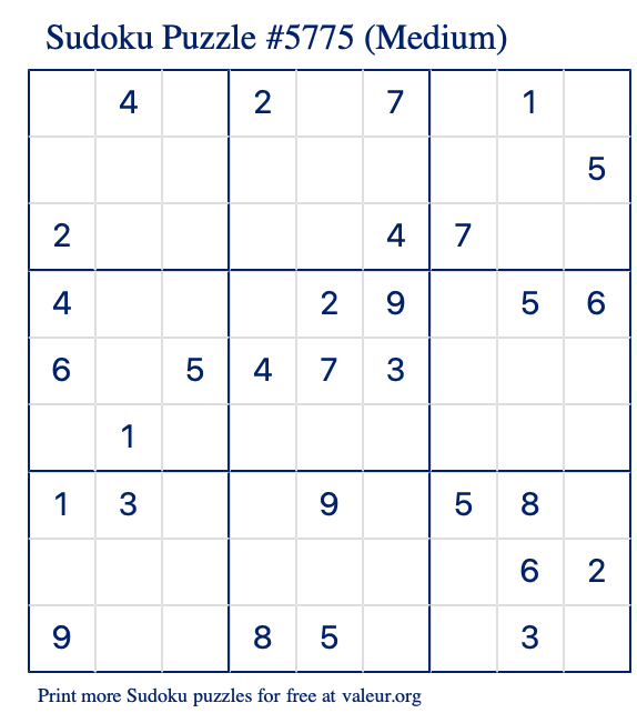 Free Printable Medium Sudoku Puzzle number 5775