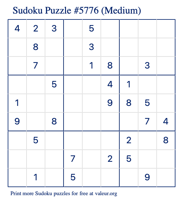 Free Printable Medium Sudoku Puzzle number 5776