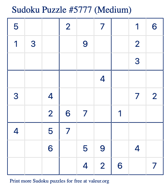 Free Printable Medium Sudoku Puzzle number 5777