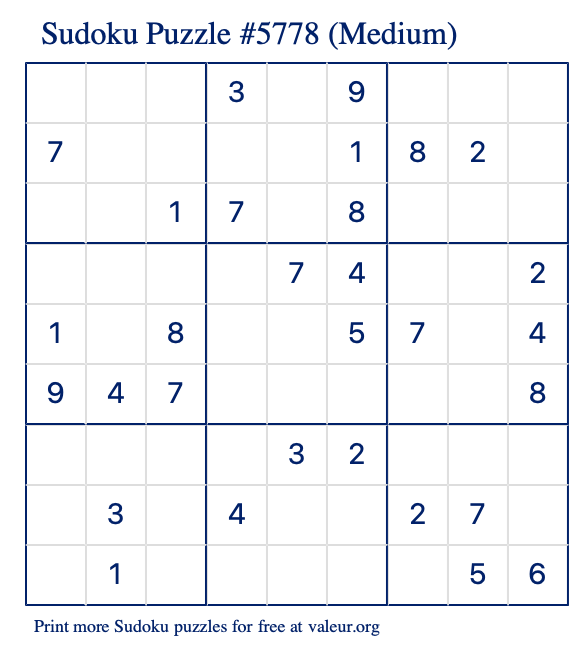 Free Printable Medium Sudoku Puzzle number 5778