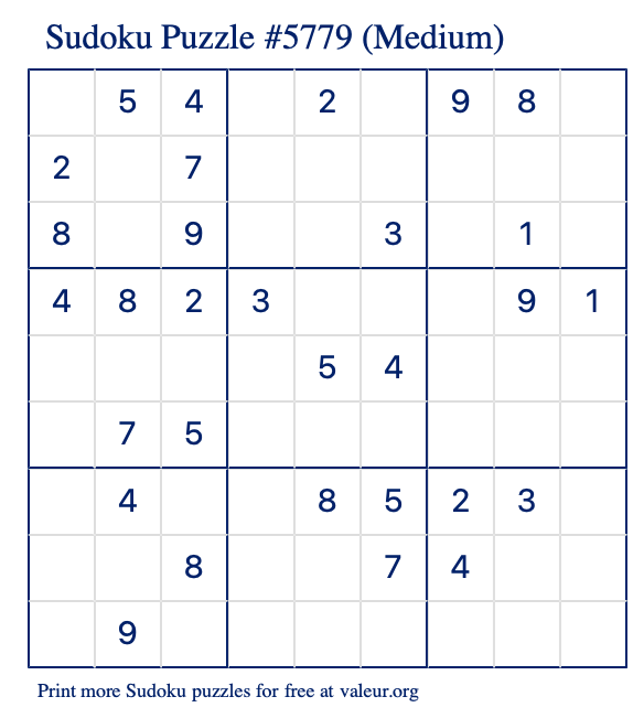 Free Printable Medium Sudoku Puzzle number 5779