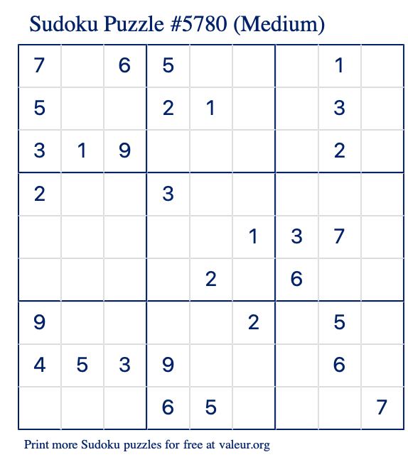 Free Printable Medium Sudoku Puzzle number 5780