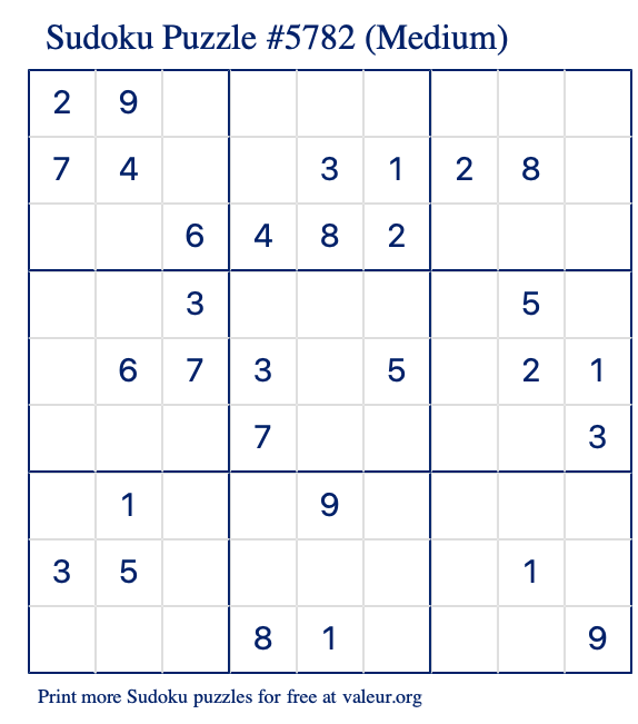 Free Printable Medium Sudoku Puzzle number 5782