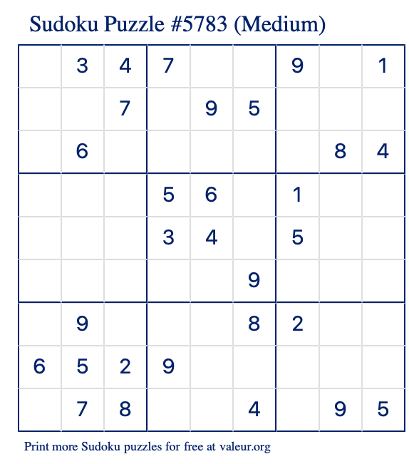 Free Printable Medium Sudoku Puzzle number 5783
