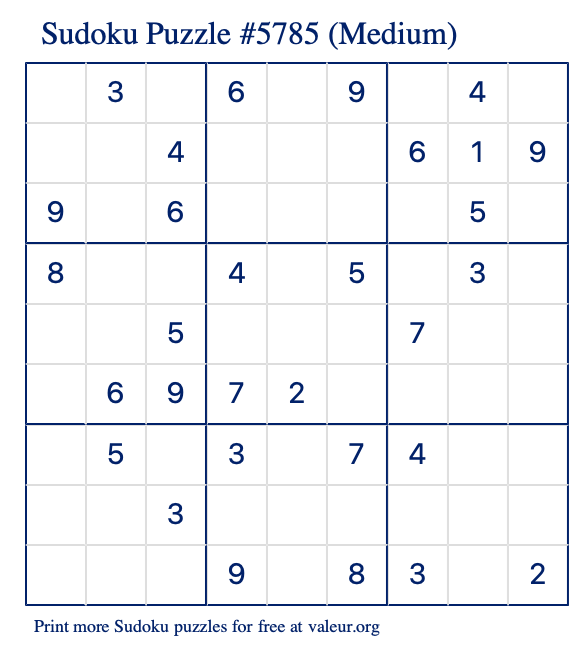 Free Printable Medium Sudoku Puzzle number 5785