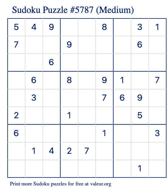 Free Printable Medium Sudoku Puzzle number 5787