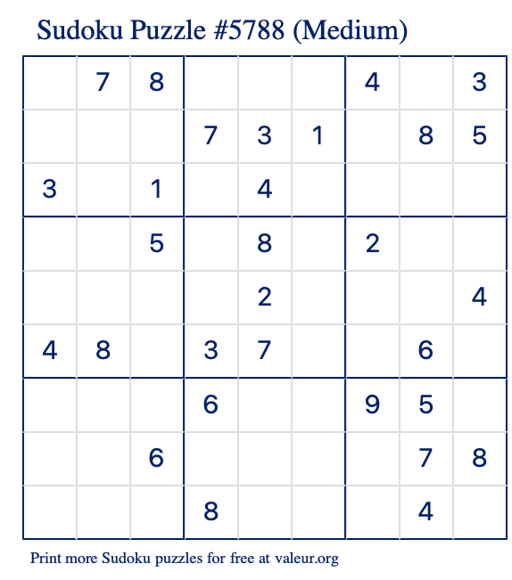 Free Printable Medium Sudoku Puzzle number 5788