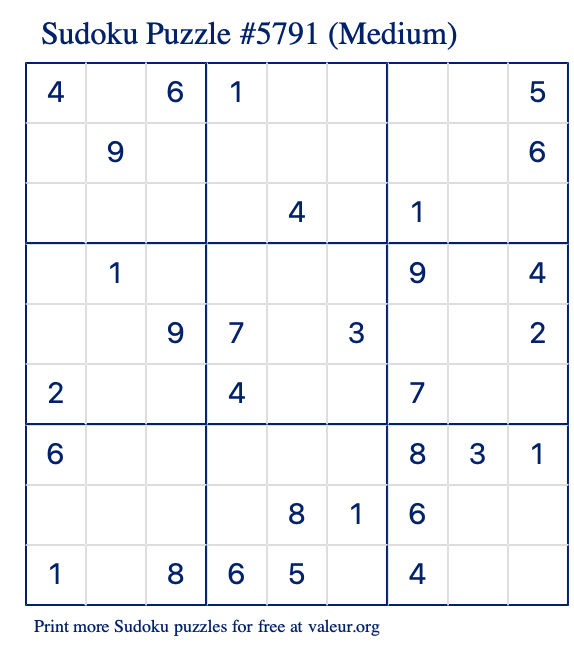 Free Printable Medium Sudoku Puzzle number 5791