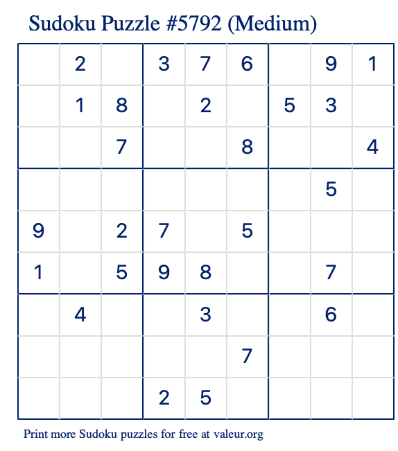 Free Printable Medium Sudoku Puzzle number 5792