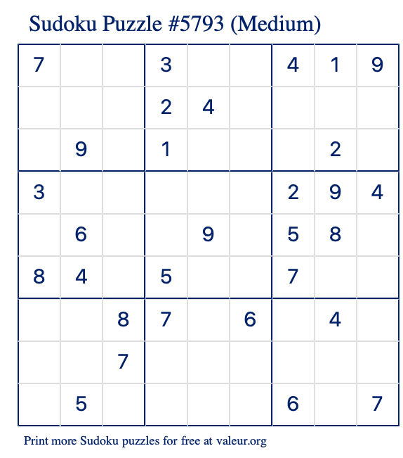 Free Printable Medium Sudoku Puzzle number 5793