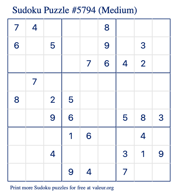 Free Printable Medium Sudoku Puzzle number 5794