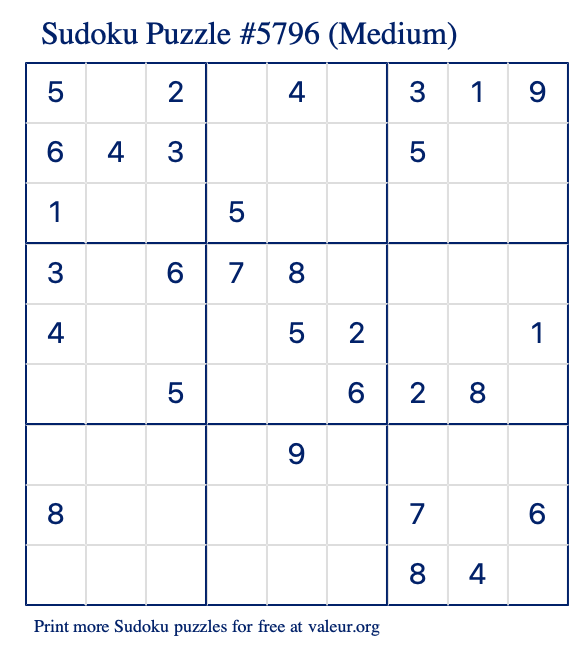 Free Printable Medium Sudoku Puzzle number 5796