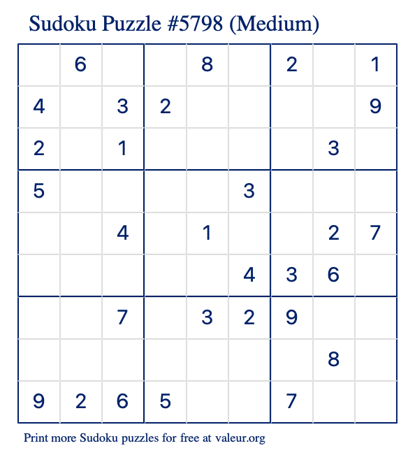 Free Printable Medium Sudoku Puzzle number 5798