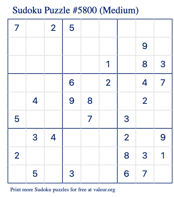 Free Printable Medium Sudoku Puzzle number 5800