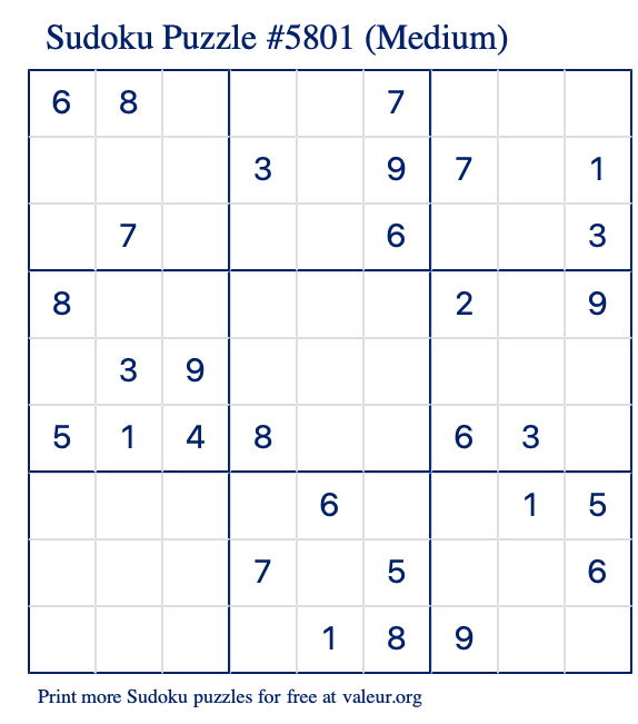 Free Printable Medium Sudoku Puzzle number 5801