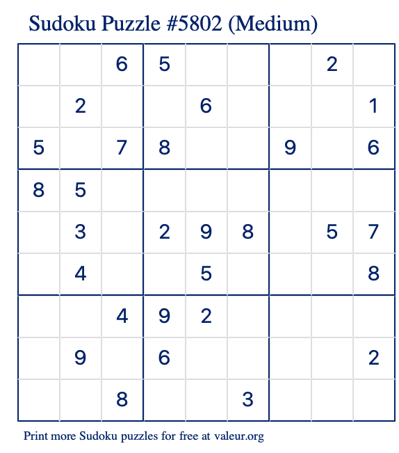 Free Printable Medium Sudoku Puzzle number 5802