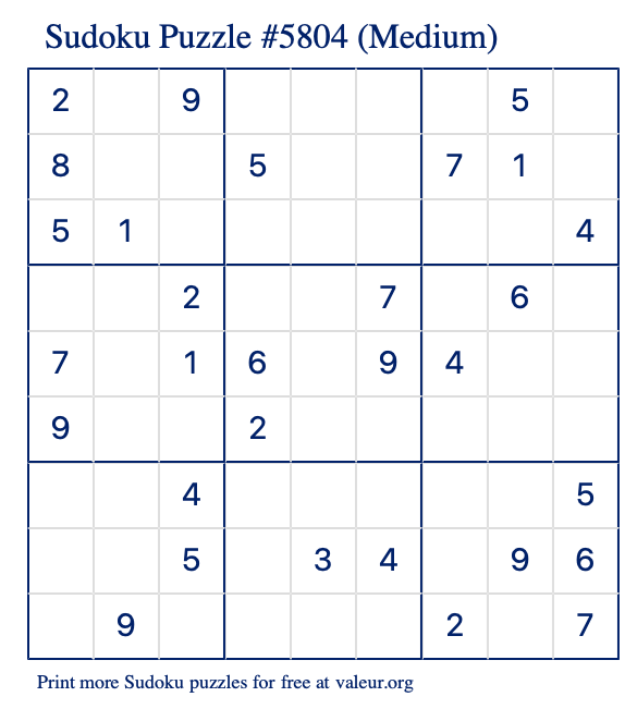 Free Printable Medium Sudoku Puzzle number 5804