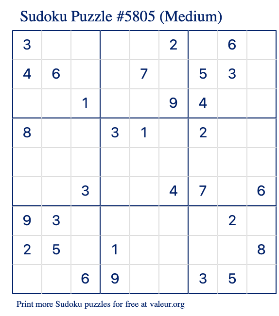 Free Printable Medium Sudoku Puzzle number 5805