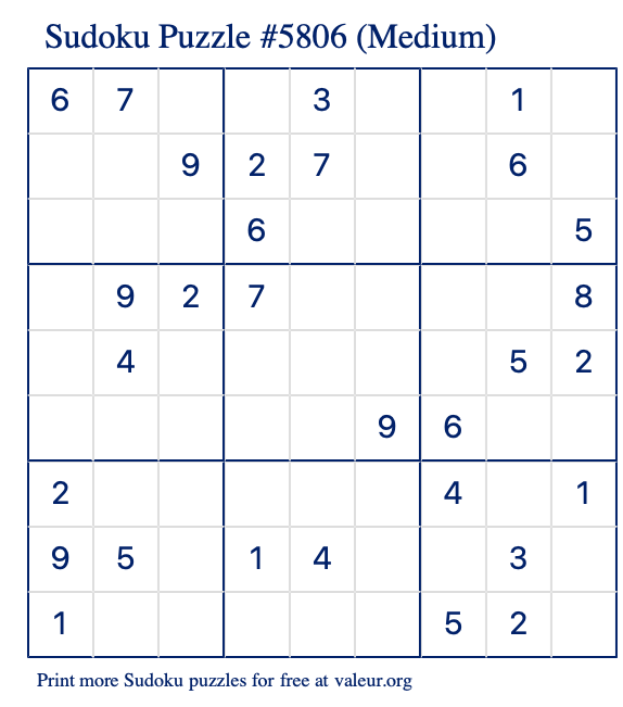 Free Printable Medium Sudoku Puzzle number 5806