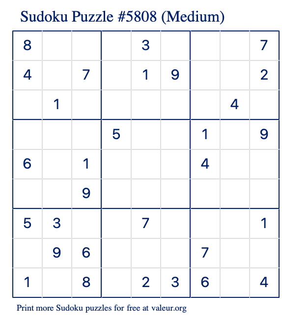 Free Printable Medium Sudoku Puzzle number 5808