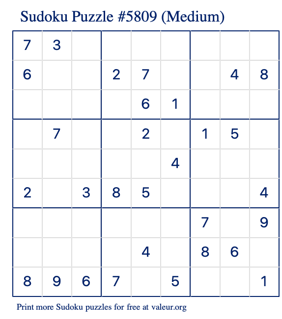 Free Printable Medium Sudoku Puzzle number 5809