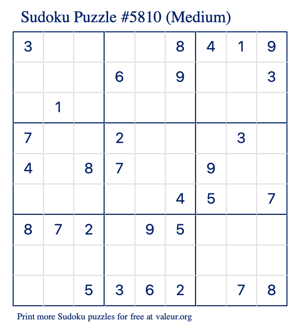 Free Printable Medium Sudoku Puzzle number 5810