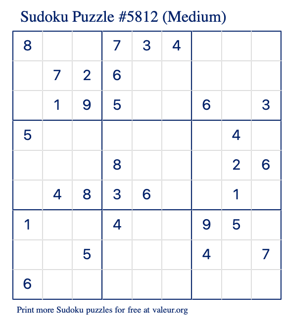 Free Printable Medium Sudoku Puzzle number 5812