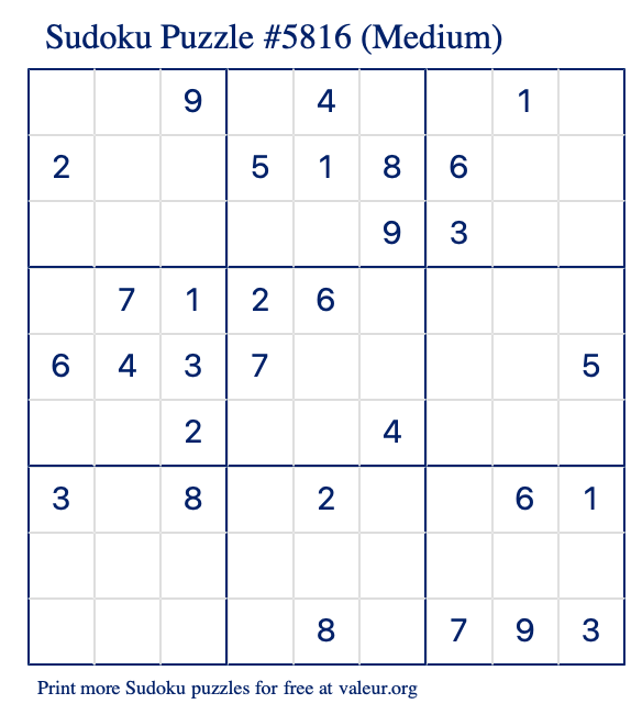 Free Printable Medium Sudoku Puzzle number 5816