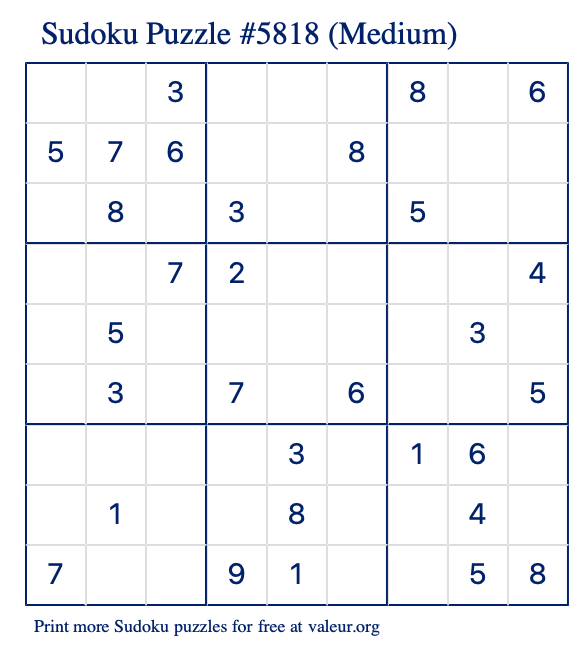 Free Printable Medium Sudoku Puzzle number 5818