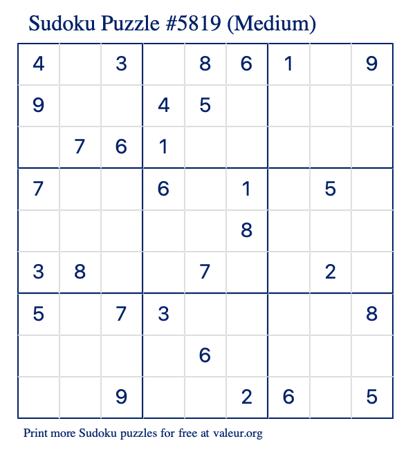 Free Printable Medium Sudoku Puzzle number 5819