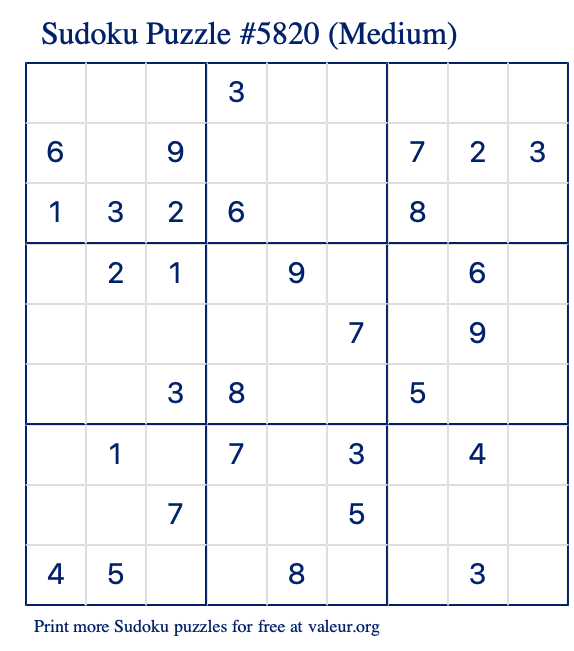 Free Printable Medium Sudoku Puzzle number 5820