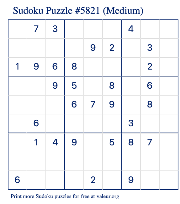 Free Printable Medium Sudoku Puzzle number 5821