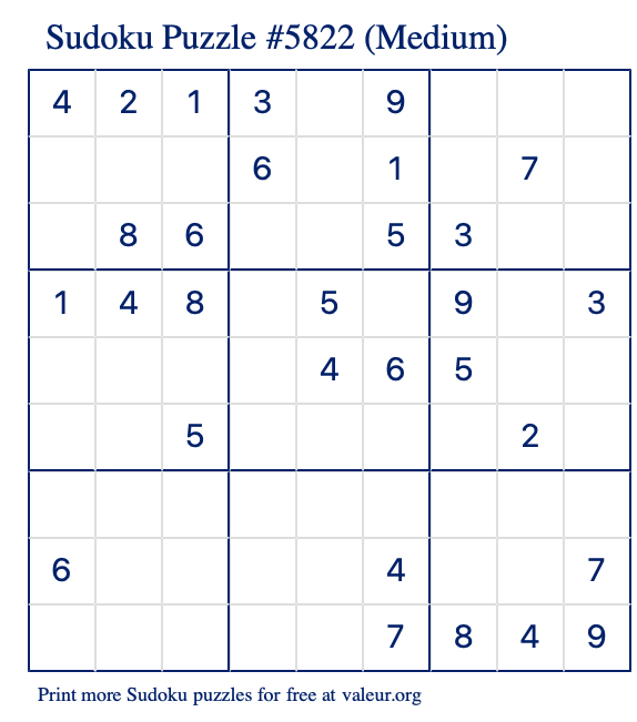 Free Printable Medium Sudoku Puzzle number 5822
