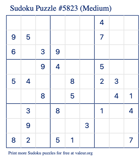 Free Printable Medium Sudoku Puzzle number 5823