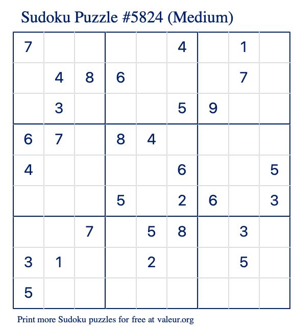 Free Printable Medium Sudoku Puzzle number 5824
