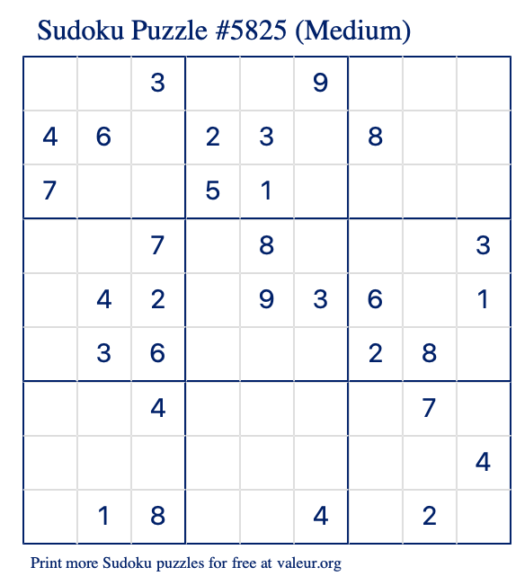 Free Printable Medium Sudoku Puzzle number 5825