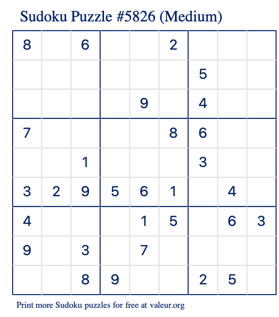 Free Printable Medium Sudoku Puzzle number 5826