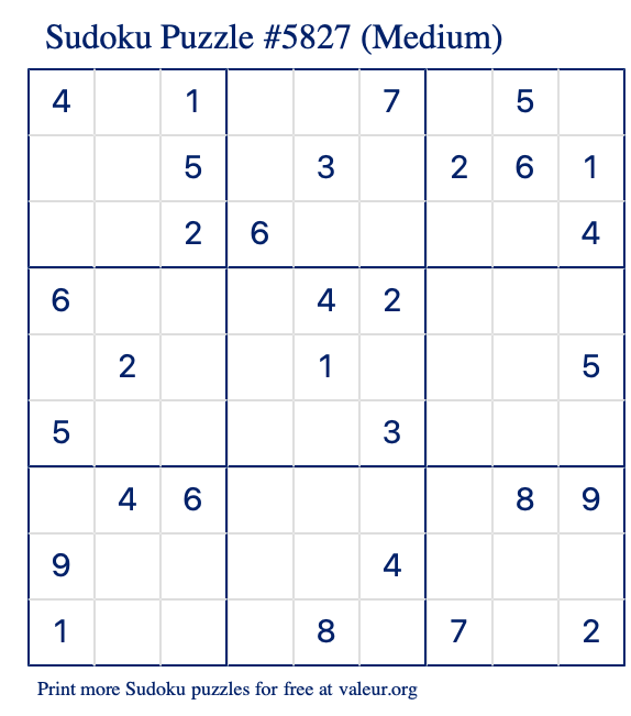 Free Printable Medium Sudoku Puzzle number 5827
