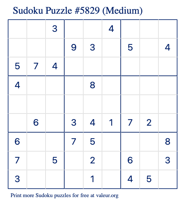 Free Printable Medium Sudoku Puzzle number 5829