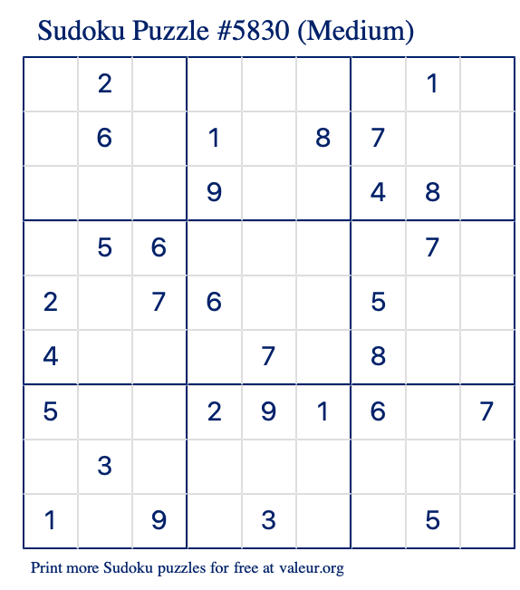 Free Printable Medium Sudoku Puzzle number 5830