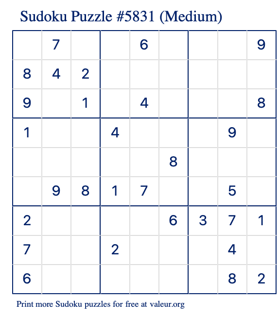 Free Printable Medium Sudoku Puzzle number 5831