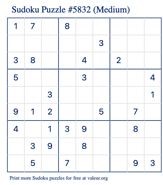 Free Printable Medium Sudoku Puzzle number 5832