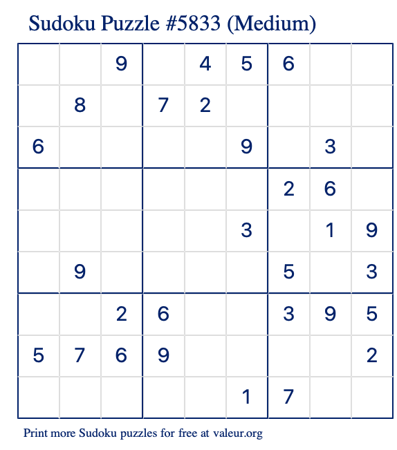 Free Printable Medium Sudoku Puzzle number 5833