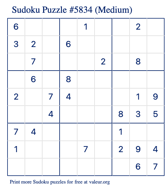 Free Printable Medium Sudoku Puzzle number 5834