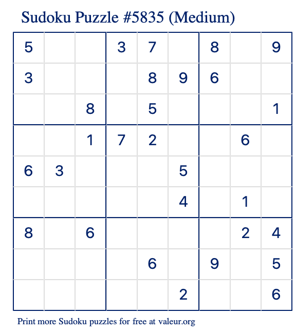 Free Printable Medium Sudoku Puzzle number 5835