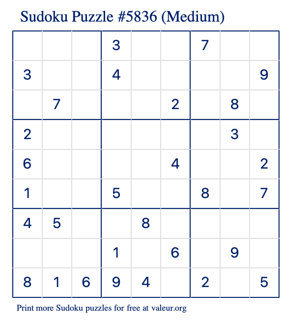 Free Printable Medium Sudoku Puzzle number 5836