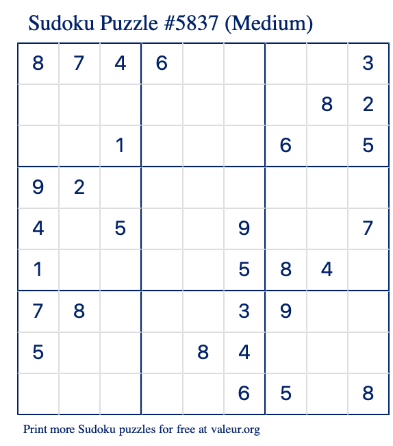 Free Printable Medium Sudoku Puzzle number 5837